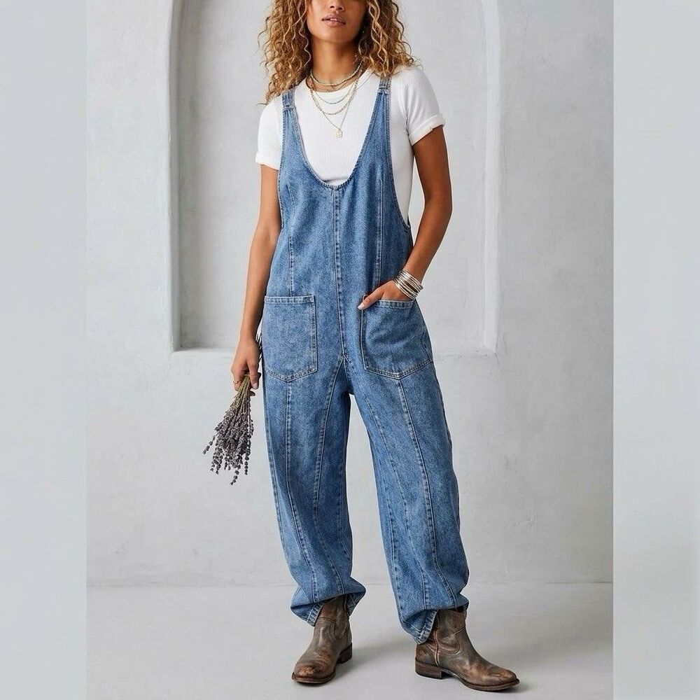 Women's Loose Baggy Denim Wide Leg Drop Crotch Jumpsuit Rompers Overalls Pants